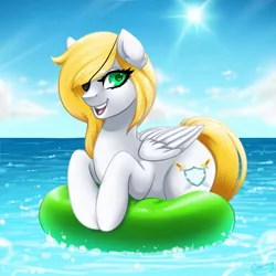 Size: 1280x1280 | Tagged: safe, artist:skairsy, derpibooru import, oc, oc:swift wing, pegasus, pony, eyepatch, female, inner tube, lying down, mare, ocean, prone, solo, wings