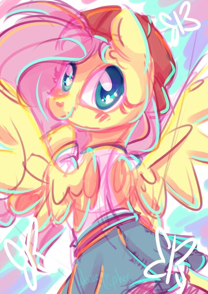 Size: 2480x3508 | Tagged: safe, artist:musicfirewind, derpibooru import, fluttershy, pegasus, pony, 90s grunge fluttershy, baseball cap, cap, clothes, female, gameloft, gameloft interpretation, hat, solo, wip