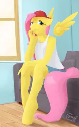 Size: 1517x2427 | Tagged: safe, artist:alicorn-without-horn, derpibooru import, fluttershy, anthro, pegasus, unguligrade anthro, 90s grunge fluttershy, baseball cap, cap, clothes, couch, female, floating wings, hat, room, sitting, solo, window, wings