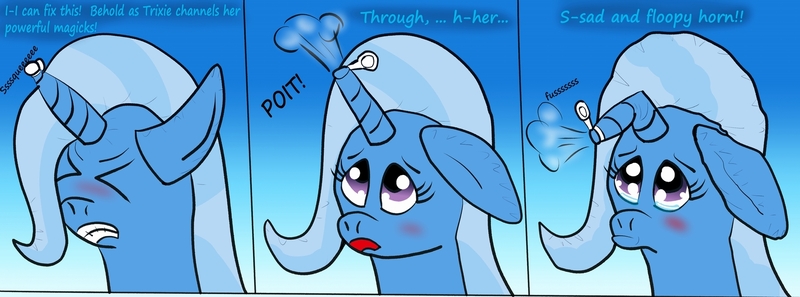 Size: 1920x713 | Tagged: air nozzle, artist:tbolt, blushing, comic, deflation, derpibooru import, eyes closed, female, floppy ears, floppy horn, gritted teeth, horn, inflatable, inflatable pony, living inflatable, suggestive, teary eyes, trixie