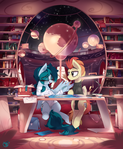 Size: 4291x5209 | Tagged: safe, artist:nevobaster, derpibooru import, oc, oc:delta vee, oc:jet stream, unofficial characters only, pegasus, pony, absurd resolution, bag, blueprint, book, bookshelf, clothes, compasses, conversation, drawing, eraser, female, fountain pen, glasses, globe, lamp, library, male, mare, mouth hold, pen, pencil, pencil in mouth, planet, quill, rug, ruler, scenery, shirt, sign, stallion, stars, sweater, symbol, tired, turtleneck, wings