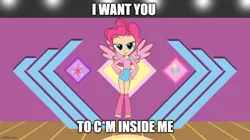 Size: 888x499 | Tagged: suggestive, artist:skill:draw, derpibooru import, pinkie pie, human, caption, female, humanized, image macro, implied sex, meme, solo, text