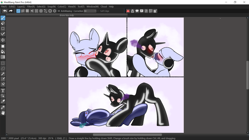Size: 1920x1080 | Tagged: questionable, artist:xcinnamon-twistx, derpibooru import, goo, pony, auction, auction open, blushing, commission, heart eyes, huff, kissing, latex, latex suit, lying down, pony on pony action, rubber, rubber drone, rubber suit, shiny, transformation, wingding eyes, your character here