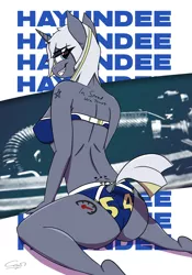Size: 3500x5000 | Tagged: suggestive, artist:calveen, derpibooru import, oc, oc:hayundee, anthro, unicorn, ass, back, bikini, breasts, butt, clothes, dock, fangs, female, looking at you, signature, solo, solo female, swimsuit, tattoo, teeth, thighs