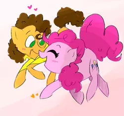 Size: 871x820 | Tagged: safe, artist:kirbyrainboom, derpibooru import, cheese sandwich, pinkie pie, earth pony, pony, blushing, cheesepie, colored sketch, female, gradient background, happy, heart, looking at each other, male, mare, open mouth, shipping, signature, stallion, straight