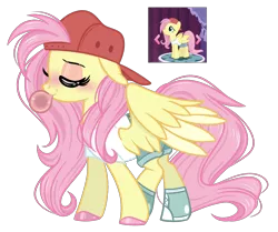 Size: 2799x2341 | Tagged: safe, artist:emberslament, derpibooru import, fluttershy, pegasus, pony, 90s grunge fluttershy, alternate hairstyle, backwards ballcap, baseball cap, bubblegum, cap, clothes, converse, eyes closed, eyeshadow, female, food, gameloft interpretation, gum, hat, high res, makeup, mare, screencap reference, shoes, shorts, simple background, sneakers, solo, transparent background, two toned wings, wings