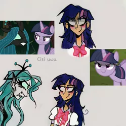 Size: 2132x2139 | Tagged: safe, artist:citi, derpibooru import, screencap, mean twilight sparkle, queen chrysalis, twilight sparkle, human, the mean 6, clone, grin, humanized, scene interpretation, screencap reference, smiling, uwu, you need me