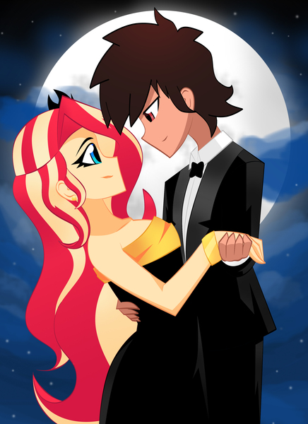 Size: 2370x3264 | Tagged: safe, artist:xan-gelx, derpibooru import, sunset shimmer, oc, equestria girls, bare shoulders, bedroom eyes, clothes, commission, dress, female, full moon, high res, holding hands, lidded eyes, looking at each other, male, moon, night, night sky, pants, sky, sleeveless, strapless, suit