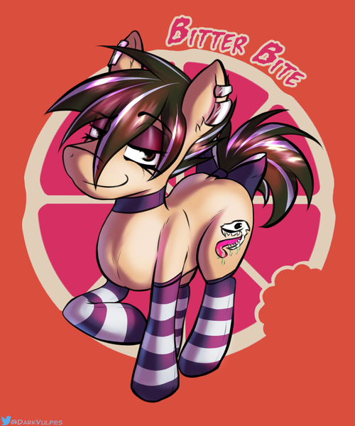 Size: 1000x1200 | Tagged: safe, artist:darkvulpes, derpibooru import, oc, oc:bitter bite, unofficial characters only, earth pony, pony, bedroom eyes, bow, clothes, cutie mark, ear fluff, ear piercing, earring, eyebrows visible through hair, eyelashes, femboy, girly, goth, grapefruit, jewelry, looking at you, male, mascara, one hoof raised, piercing, raised hoof, simple background, skull, smiling, smirk, socks, solo, stallion, stockings, striped socks, striped stockings, stripes, tail bow, thigh highs, trap