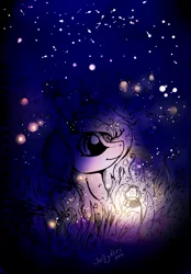 Size: 1507x2160 | Tagged: safe, artist:intfighter, derpibooru import, oc, unofficial characters only, firefly (insect), insect, pony, grass, lantern, looking up, night, outdoors, smiling, solo, stars, traditional art