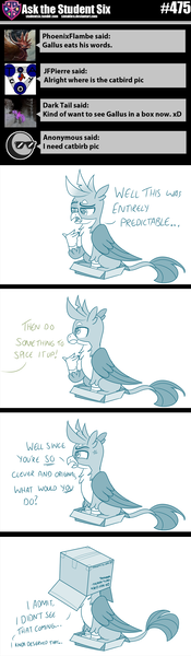 Size: 800x2740 | Tagged: safe, artist:sintakhra, derpibooru import, gallus, sandbar, gryphon, tumblr:studentsix, behaving like a cat, box, didn't see that comin', gallus is not amused, if i fits i sits, male, offscreen character, solo, unamused