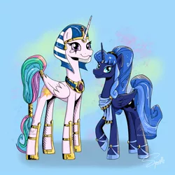 Size: 2048x2048 | Tagged: safe, artist:turtletroutstudios, derpibooru import, idw, princess celestia, princess luna, alicorn, pony, spoiler:comic20, abstract background, alternate hairstyle, artemis luna, duo, egyptian, eyeliner, female, high res, kohl, makeup, mare, mirror universe, ra celestia, reflection, royal sisters, siblings, sisters, tail wrap