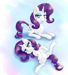 Size: 3615x4000 | Tagged: suggestive, artist:nedemai, derpibooru import, rarity, pony, unicorn, bedroom eyes, cheek fluff, chest fluff, ear fluff, female, looking at you, lying down, on back, prone, smiling, smiling at you, solo