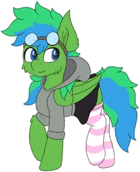 Size: 4139x5076 | Tagged: safe, alternate version, artist:skylarpalette, derpibooru import, oc, oc:shockie, unofficial characters only, pegasus, pony, blue eyes, cheek fluff, clothes, colored, crossdressing, cute, ear fluff, flat colors, fluffy, goggles, green fur, happy, hoodie, long tail, looking back, male, pegasus oc, short shirt, simple background, skirt, smiling, socks, stallion, transparent background, walking, wings