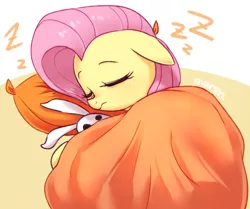 Size: 3300x2760 | Tagged: safe, artist:maren, derpibooru import, fluttershy, pegasus, pony, rabbit, animal, blanket, cute, eyes closed, female, floppy ears, high res, mare, onomatopoeia, pillow, plushie, shyabetes, sleeping, solo, sound effects, z, zzz