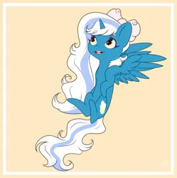 Size: 1920x1925 | Tagged: safe, artist:serinabeauty, derpibooru import, oc, oc:fleurbelle, alicorn, pony, adorabelle, alicorn oc, bow, chibi, female, flying, hair bow, horn, looking up, mare, simple background, wingding eyes, wings, yellow background, yellow eyes