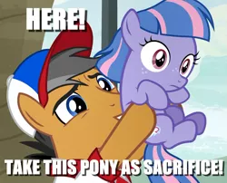 Size: 1333x1077 | Tagged: safe, derpibooru import, edit, edited screencap, screencap, quibble pants, wind sprint, earth pony, pegasus, pony, common ground, caption, cropped, duo, family, father and child, father and daughter, female, filly, holding a pony, image macro, male, stallion, text