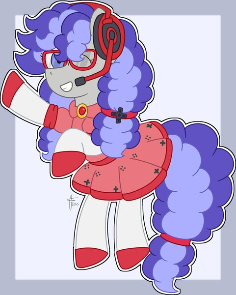 Size: 1641x2048 | Tagged: safe, artist:finnythewolfie, derpibooru import, oc, oc:cinnabyte, unofficial characters only, adorkable, cinnabetes, clothes, cute, dork, dress, gaming headset, headphones, headset, one eye closed, skirt, smiling, wink