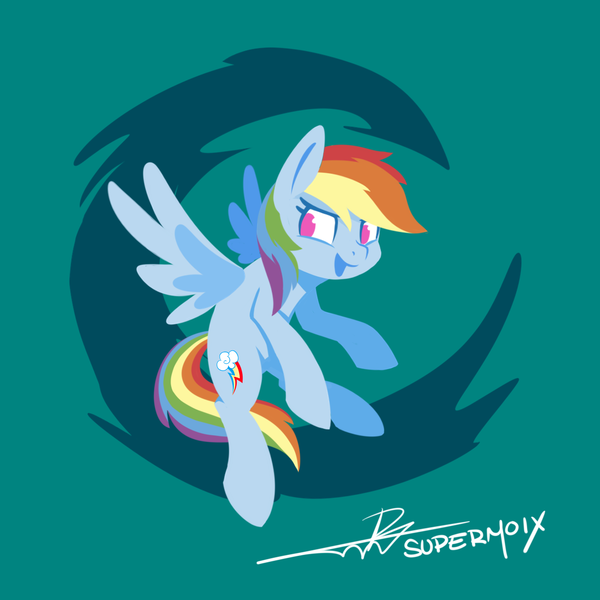 Size: 1224x1224 | Tagged: safe, artist:supermoix, derpibooru import, rainbow dash, pegasus, pony, abstract background, cute, dashabetes, female, flying, image, lineless, mare, open mouth, png, signature, simple background, solo, sweet dreams fuel, teal background