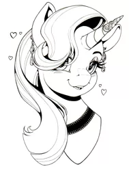 Size: 1007x1329 | Tagged: safe, artist:longinius, derpibooru import, starlight glimmer, pony, unicorn, accessories, blushing, bust, choker, ear piercing, earring, female, filagree, heart, horn, horn jewelry, jewelry, looking at you, monochrome, piercing, portrait, simple background, solo, white background