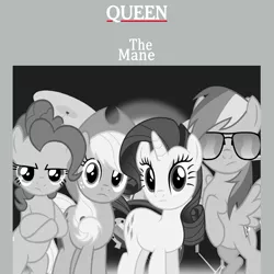 Size: 2000x2000 | Tagged: safe, artist:dashiesparkle, artist:grapefruitface1, derpibooru import, applejack, pinkie pie, rainbow dash, rarity, ponified, pony, album cover, arms folded, aviator glasses, bipedal, black and white, drum kit, drums, grayscale, high res, looking at you, monochrome, musical instrument, parody, ponified album cover, queen (band)