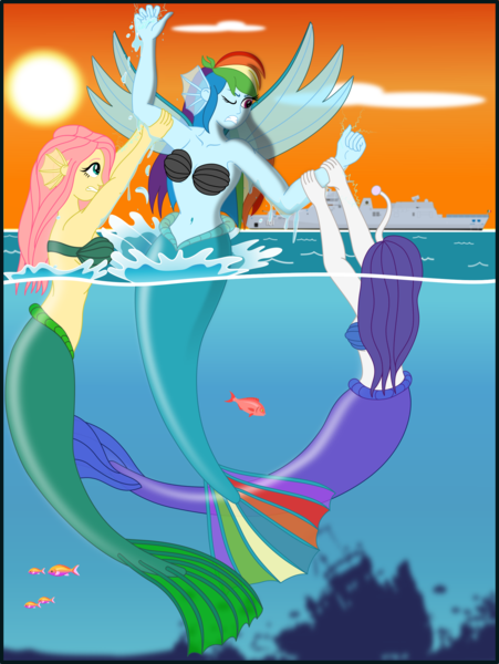 Size: 1700x2264 | Tagged: safe, artist:physicrodrigo, derpibooru import, part of a set, fluttershy, rainbow dash, rarity, angler fish, fish, mermaid, series:equestria mermaids, equestria girls, absolute cleavage, arm grab, bare chest, belly button, bra, breasts, cleavage, clothes, ear fins, female, fin wings, gritted teeth, mermaidized, one eye closed, part of a series, scp foundation, seashell bra, spanish, species swap, splashing, story included, struggling, sunset, surfacing, trio, underwater, underwear, wings