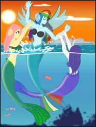 Size: 1700x2264 | Tagged: safe, artist:physicrodrigo, derpibooru import, part of a set, fluttershy, rainbow dash, rarity, angler fish, fish, mermaid, series:equestria mermaids, equestria girls, absolute cleavage, arm grab, bare chest, belly button, bra, breasts, cleavage, clothes, ear fins, female, fin wings, gritted teeth, mermaidized, one eye closed, part of a series, scp foundation, seashell bra, spanish, species swap, splashing, story included, struggling, sunset, surfacing, trio, underwater, underwear, wings