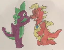Size: 1280x996 | Tagged: safe, artist:walkerstar, derpibooru import, spike, dragon, baby, baby dragon, boop, cassie (dragontales), casspike, crossover, crossover shipping, dragoness, dragon tales, eyes closed, female, male, shipping, simple background, smiling, straight, traditional art, white background, winged spike