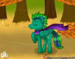 Size: 1024x811 | Tagged: safe, artist:spokenmind93, derpibooru import, oc, oc:gale twister, unofficial characters only, pegasus, pony, autumn, breeze, clothes, leaves, scarf, solo, tree