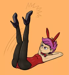 Size: 849x924 | Tagged: suggestive, alternate version, artist:bandgeek32, derpibooru import, scootaloo, equestria girls, armpits, bored, breasts, bunny suit, cleavage, clothes, delicious flat chest, female, image, kick, lying down, older, older scootaloo, on back, orange background, pantyhose, playboy bunny, playboy bunny scootaloo, png, scootaflat, simple background, solo, solo female