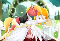 Size: 5500x3820 | Tagged: safe, artist:rainbownspeedash, derpibooru import, oc, oc:gray sketch, oc:rita cloudy, pony, clothes, dress, female, hair bun, husband and wife, kissing, male, marriage, married, oc x oc, ritay, shipping, veil