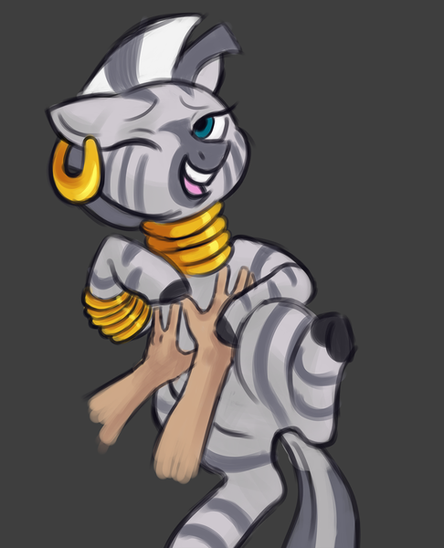 Size: 1113x1374 | Tagged: safe, artist:fluffleart, derpibooru import, zecora, pony, zebra, bellyrubs, cute, dark background, disembodied hand, drawthread, ear piercing, earring, female, hand, jewelry, mare, neck rings, one eye closed, piercing, underhoof, wink, zecorable