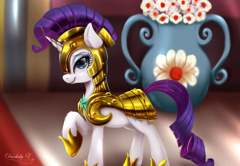 Size: 3250x2251 | Tagged: safe, artist:darksly, derpibooru import, rarity, pony, unicorn, armorarity, digital art, female, flower, guard armor, guardsmare, mare, royal guard, royal guard rarity, smiling, solo, vase