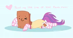Size: 680x356 | Tagged: artist:neondromeda, clothes, derpibooru import, draw me like one of your french girls, fake cutie mark, heart, oc, oc:paper bag, one eye closed, paper bag, safe, socks, striped socks, wink