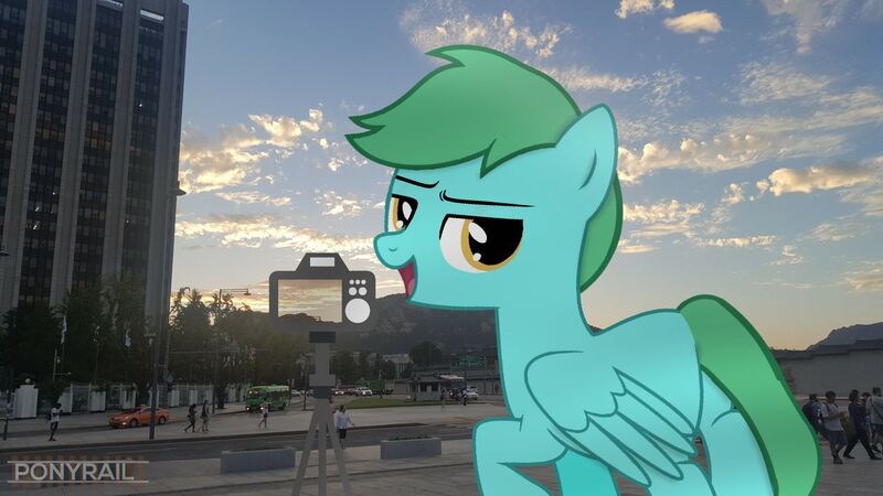 Size: 1280x720 | Tagged: safe, artist:indonesiarailroadpht, derpibooru import, oc, oc:luby gears, unofficial characters only, pegasus, pony, blank flank, butt, camera, colt, irl, korea, korean, looking at you, male, moon runes, pegasus oc, photo, plot, ponies in real life, raffle prize, show accurate, south korea, wings