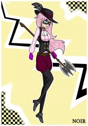 Size: 1750x2500 | Tagged: artist:banquo0, art pack:my little persona ii, axe, belt, clothes, derpibooru import, feather, female, fluttershy, gloves, haru okumura, hat, human, humanized, mask, noir, persona, persona 5, phantom thief, phantom thieves, safe, shoes, solo, vest, weapon