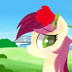 Size: 1000x1000 | Tagged: safe, artist:hsf, derpibooru import, roseluck, earth pony, pony, blushing, bridge, bust, female, flower, heart, heart eyes, looking at you, outdoors, rose, solo, wingding eyes