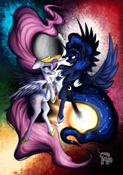 Size: 877x1240 | Tagged: safe, artist:calena, derpibooru import, princess celestia, princess luna, alicorn, pony, abstract background, angry, crown, crying, hoof shoes, horn, horseshoes, jewelry, looking at each other, moon, regalia, relationship, scared, spread wings, sun, wings