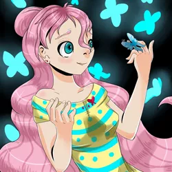 Size: 1500x1500 | Tagged: safe, artist:ellis_sunset, derpibooru import, fluttershy, butterfly, human, insect, bust, clothes, female, humanized, smiling, solo