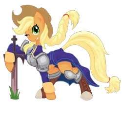 Size: 3112x3038 | Tagged: safe, artist:halotheme, derpibooru import, applejack, earth pony, pony, agrias oaks, clothes, costume, crossover, female, final fantasy, final fantasy tactics, high res, mare, one eye closed, simple background, smiling, solo, sword, transparent background, vector, weapon, wink