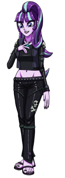 Size: 1096x3000 | Tagged: safe, artist:artemis-polara, derpibooru import, starlight glimmer, equestria girls, alternate hairstyle, belly button, belt, clothes, feet, female, magical geodes, nail polish, pants, piercing, sandals, simple background, skull, skull and crossbones, toenail polish, transparent background, vest