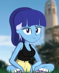 Size: 1445x1771 | Tagged: safe, artist:bastbrushie, derpibooru import, oc, oc:brushie brusha, equestria girls, breasts, clothes, coit tower, ears, equestria girls-ified, eye, eyes, female, grass, longshoreman, looking at you, san francisco, short, short pants, short shirt, sitting, sky, smiling, socks, tree