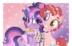 Size: 2255x1453 | Tagged: safe, artist:strawberry-spritz, derpibooru import, pinkie pie, twilight sparkle, twilight sparkle (alicorn), alicorn, earth pony, pony, abstract background, base used, clothes, female, gender headcanon, headcanon, heterochromia, lesbian, lgbt headcanon, looking at each other, mare, pride flag, scarf, sexuality headcanon, shipping, twinkie