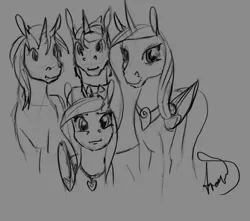 Size: 3000x2654 | Tagged: safe, artist:archonix, derpibooru import, princess cadance, shining armor, alicorn, pegasus, pony, unicorn, alternate hairstyle, gray background, grayscale, looking at you, monochrome, pegasus cadance, self ponidox, simple background, sketch