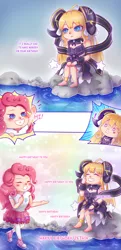 Size: 1500x3100 | Tagged: safe, artist:nikyuuchan, derpibooru import, pinkie pie, human, equestria girls, ankle bracelet, birthday, clothes, comic, commission, crossover, crying, cygames, dragalia lost, fourth wall destruction, heart tongue, nintendo, pond, rock, sad, shannon chan-kent, shocked, shocked expression, shocked face, singing, skirt, spoilers for another series, tears of joy, voice actor joke, water, zena/other zethia