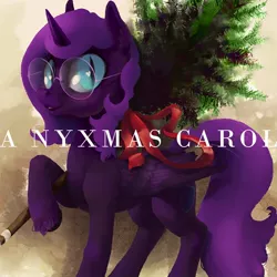 Size: 500x500 | Tagged: safe, artist:cygaj, artist:spectralunicorn, derpibooru import, oc, oc:nyx, alicorn, pony, album cover, christmas, female, filly, glasses, greenery, holiday, nyxmas, ribbon, slit pupils, smiling, tree