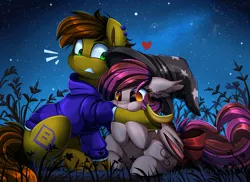 Size: 3509x2550 | Tagged: safe, artist:pridark, derpibooru import, oc, oc:twitchyylive, oc:velvet silverwing, unofficial characters only, bat pony, earth pony, pony, bat pony oc, bat wings, clothes, commission, duo, grass, hat, high res, hoodie, night, night sky, nom, sitting, sky, stars, wings