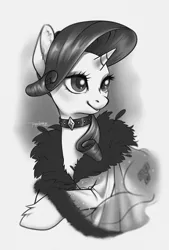 Size: 2362x3496 | Tagged: safe, artist:taytinabelle, derpibooru import, rarity, pony, unicorn, black and white, chest fluff, choker, clothes, collar, ear fluff, faux fur, feather boa, female, grayscale, lying down, mare, monochrome, noir, robe, see-through, simple background, smiling, solo, translucent, unshorn fetlocks, white background