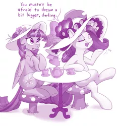 Size: 1280x1378 | Tagged: safe, artist:dstears, derpibooru import, rarity, twilight sparkle, twilight sparkle (alicorn), alicorn, pony, unicorn, and then there's rarity, applejack's hat, cowboy hat, darling, dialogue, digital art, eyes closed, fabulosity, fabulous, female, giant hat, hair flip, hat, hatception, inception, mare, monochrome, movie reference, nice hat, rarity day, reference, sitting, table
