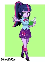 Size: 1000x1250 | Tagged: safe, artist:ferettokun, derpibooru import, twilight sparkle, twilight sparkle (alicorn), alicorn, equestria girls, equestria girls series, alternate hairstyle, book, female, i can't believe it's not sci-twi, ponytail, solo